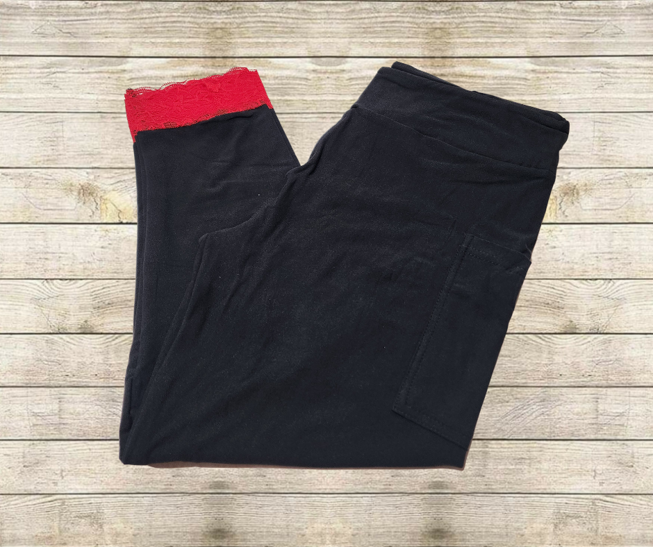 Red Lace Bottom Black Capri Leggings w/ Pockets