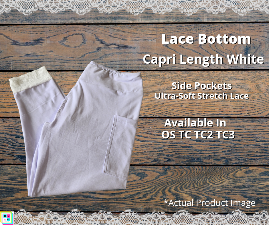 White Lace Bottom Capri Leggings w/ Pockets