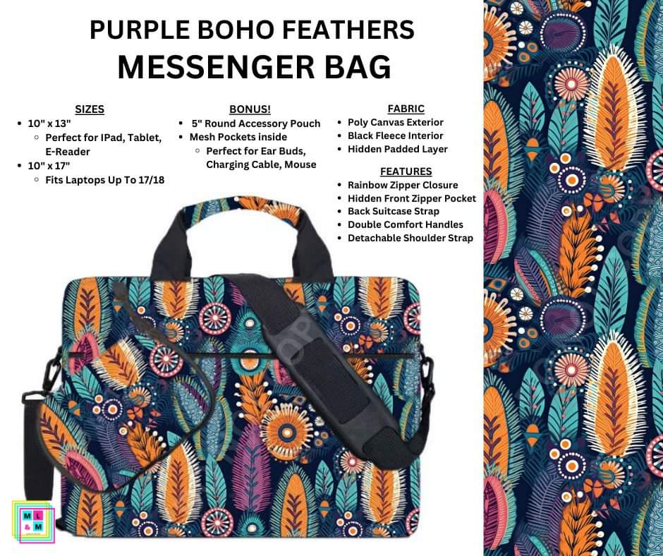 Purple Boho Feathers Messenger Bag