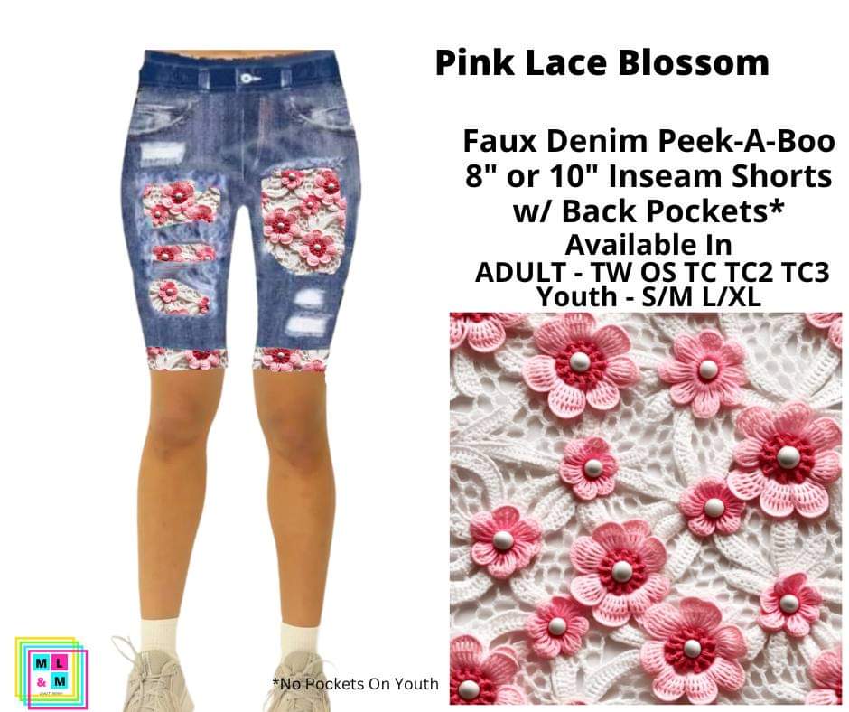 Pink Lace Blossom Faux Denim Shorts w/ Back Pockets