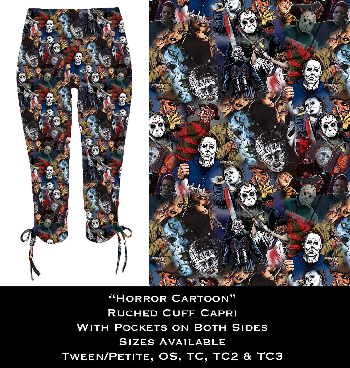 Horror Cartoon Ruched Cuff Capris with Side Pockets
